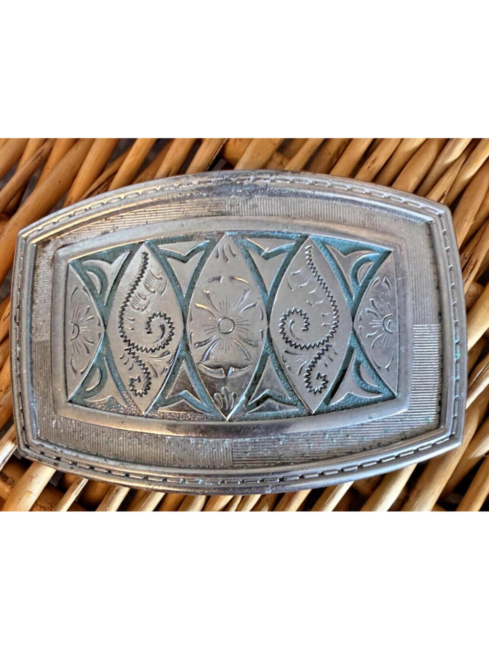 Vintage Western Belt Buckle Silver Tone Blue Enamel Cowboy Southwestern Style